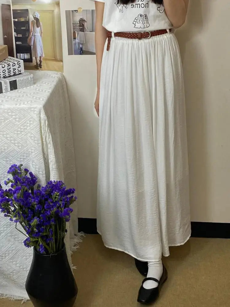 Spring Summer New Solid Elegant Vacation Party Pleated Skirt Women's French Fashion Elastic Waist Office Long Skirt Trend Simple