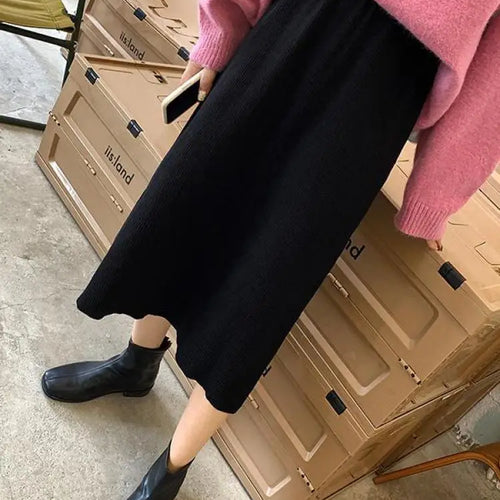 Load image into Gallery viewer, Korean Version Black Elegant Office Ladies Knitted Long Skirt Women Autumn Winter Beige High Waist Split Half Skirts Fashion New
