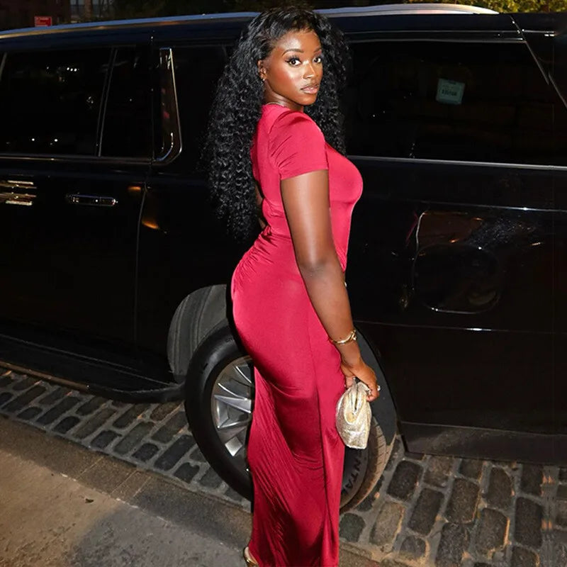 Short Sleeve Ruched Sexy Maxi Dress For Women Fashion Summer New Solid High Waist Slim Fit Elegant Long Dress Vestido