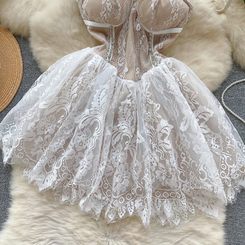 Load image into Gallery viewer, French Vintage 2023 Summer New White Sleeveless Diamond Lace Hanging Neck Short Dress Sexy Club Off Shoulder Party Mini Dresses
