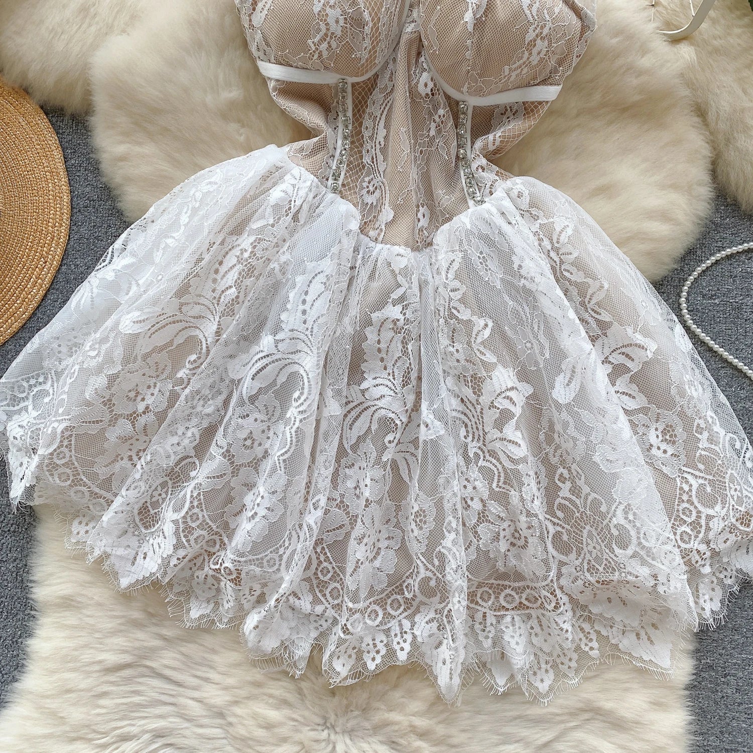 French Vintage 2023 Summer New White Sleeveless Diamond Lace Hanging Neck Short Dress Sexy Club Off Shoulder Party Mini Dresses