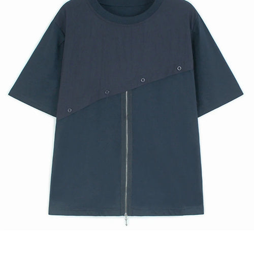 Load image into Gallery viewer, Women Gray Color-block Zipper Big Size Casual T-shirt New Round Neck Short Sleeve Fashion Tide Spring Summer 2025  1DJ0663
