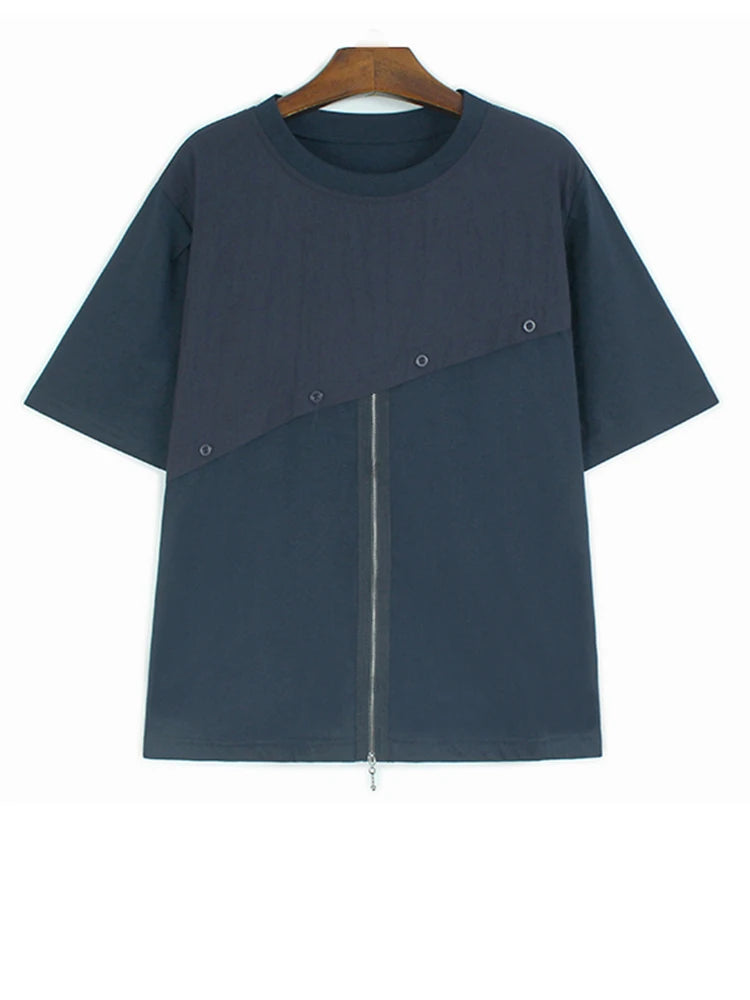 Women Gray Color-block Zipper Big Size Casual T-shirt New Round Neck Short Sleeve Fashion Tide Spring Summer 2025  1DJ0663