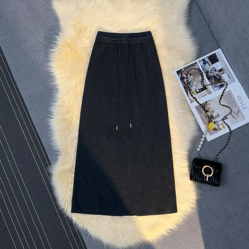 Load image into Gallery viewer, French Vintage Women Solid Drawstring Lace-up Knitted Long Skirt 2024 Autumn Winter Elegant High Waist Vacation Straight Skirts
