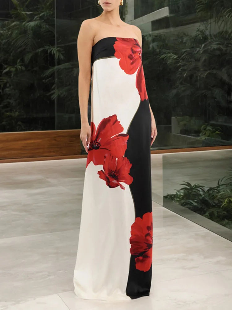 Strapless Floral Print Sexy Maxi Dress Women Gown Off-shoulder Sleeveless Backless A-line Club Long Dress Vestido