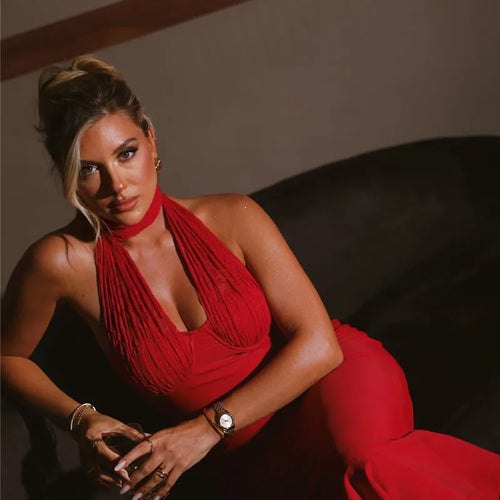 Load image into Gallery viewer, Sleeveless Fishtail Maxi Dress For Women Autumn New Halter Deep V Neck Backless Bodycon Party Sexy Long Dress Elegant
