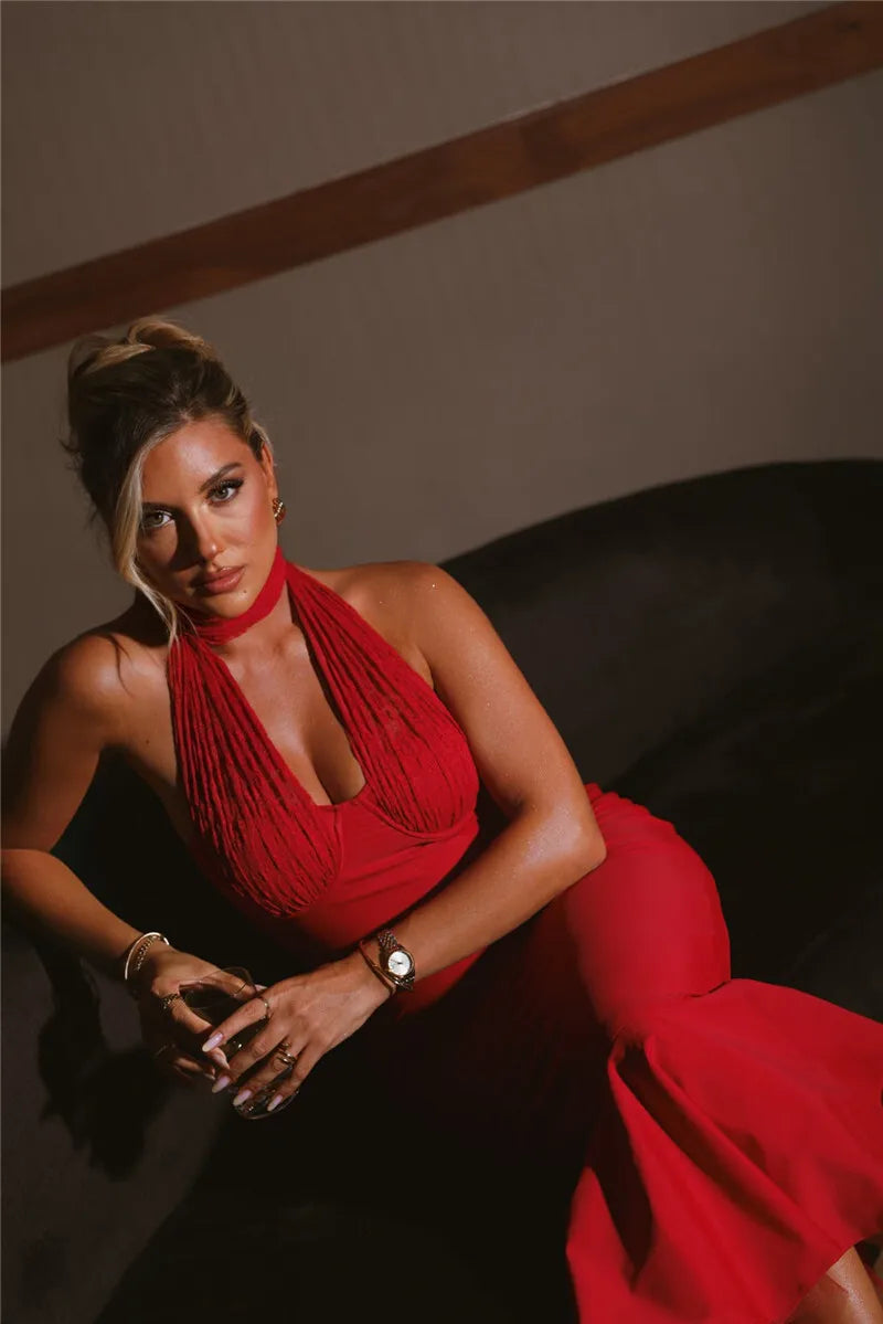 Sleeveless Fishtail Maxi Dress For Women Autumn New Halter Deep V Neck Backless Bodycon Party Sexy Long Dress Elegant