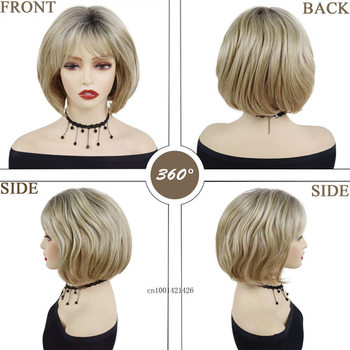 Load image into Gallery viewer, Mommy Wigs Short Bobs Synthetic Fiber Ombre Blonde Natural Wig with Bang Casual Style Daily Soft Hair Replacement Wigs for Women
