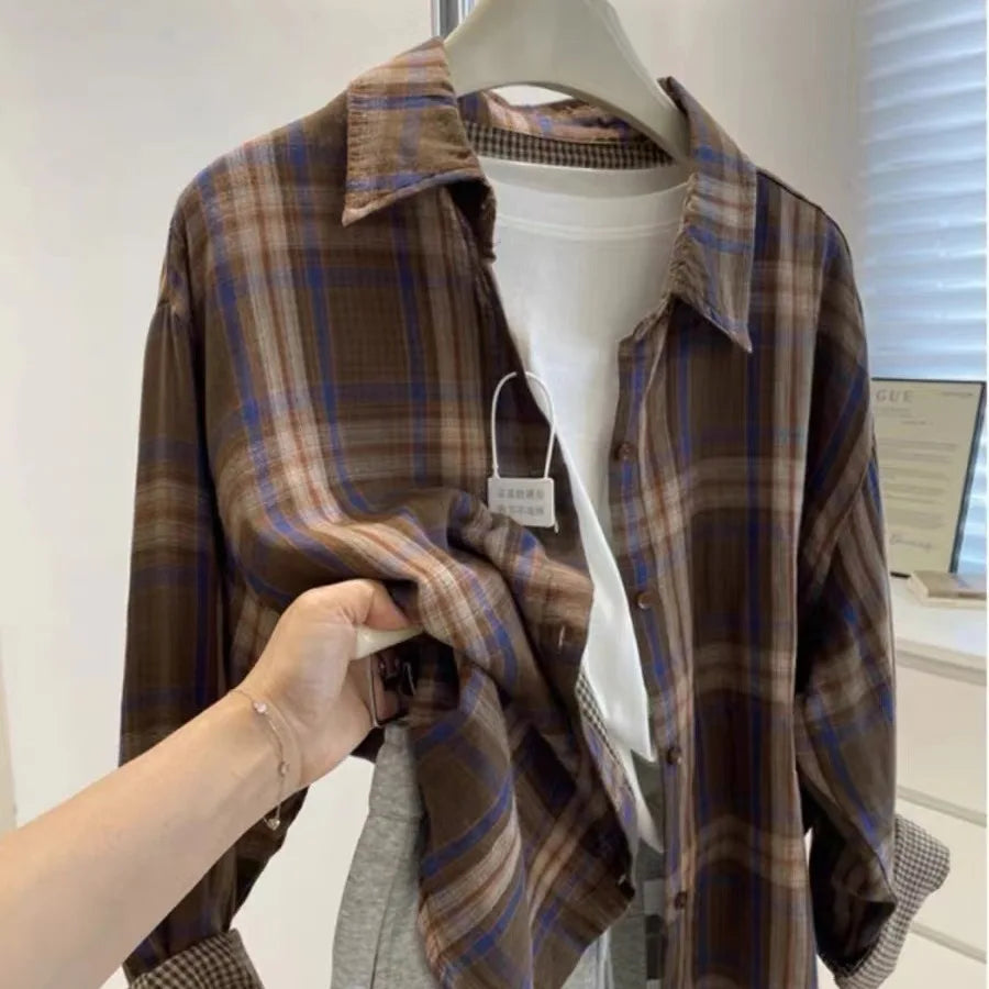 Autumn Vintage Blue Checkered Single Breasted Shirt Women New Brown Plaid Casual Loose Long Sleeve Fashion Versatile Blouses Top