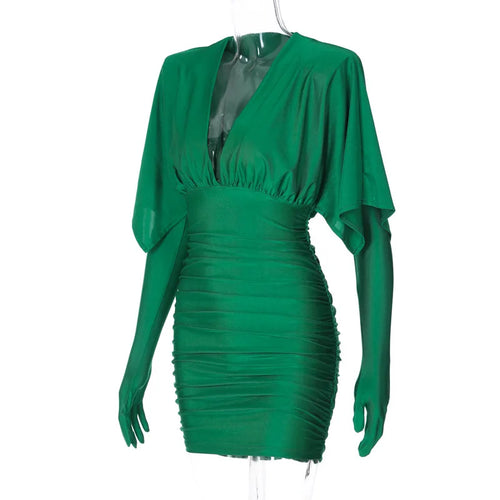 Load image into Gallery viewer, Deep V Neck Long Sleeve Mini Dress Women Autumn Winter New Ruched Evening Dress Female Fashion Sexy Dress Elegant
