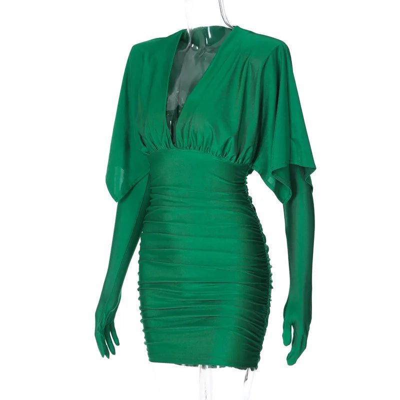 Deep V Neck Long Sleeve Mini Dress Women Autumn Winter New Ruched Evening Dress Female Fashion Sexy Dress Elegant