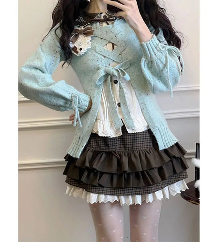 Japanese Sweet Lolita Cardigans Women Y2k Aesthetic Hollow Out Bandage Sweater Kawaii Bow Pocket 2025 Casual Streetwear JK Tops