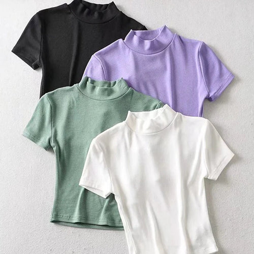 Load image into Gallery viewer, Women High Neck Fitted Short Sleeve T-shirt Rib Crop Rib Top
