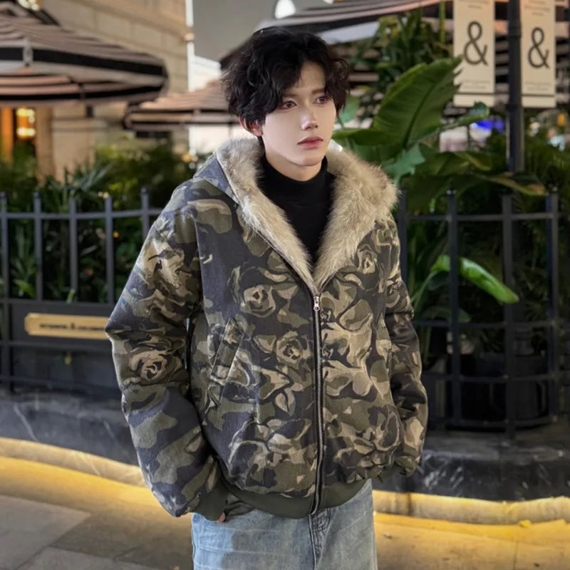 American Winter Camouflage Jacket Hooded Men Zipper Contrast Color Patchworkwork Casual Clothing 2024 Fashion Tide 9C9020