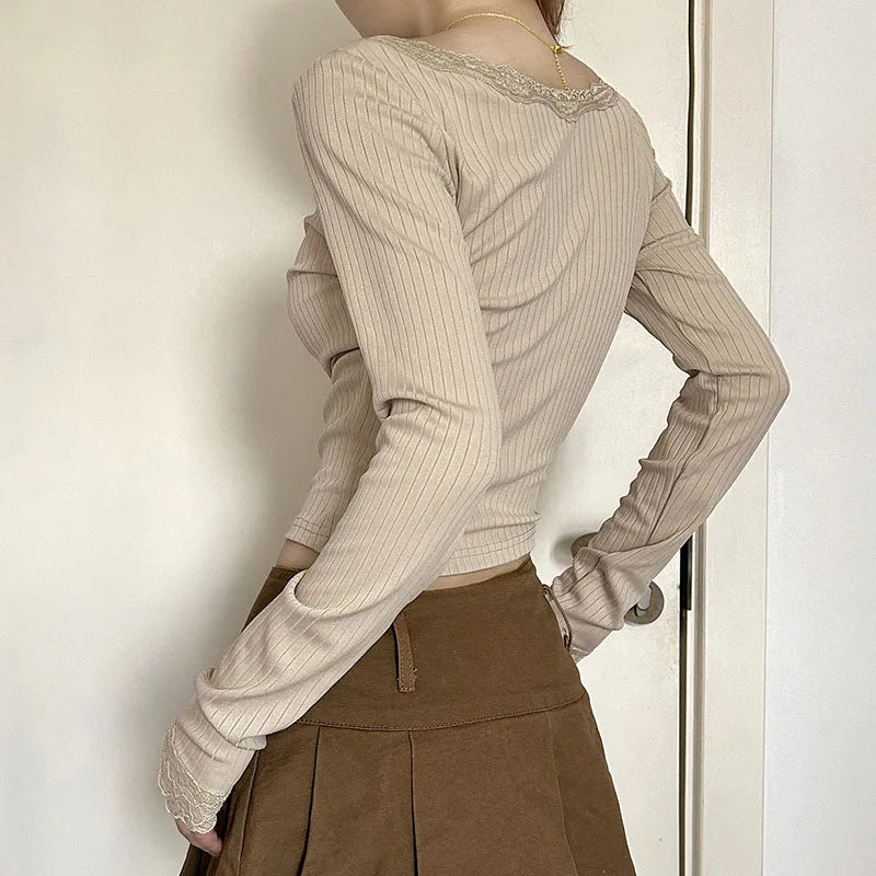 Lace Trim Tops y2k Clothes Women Square Collar Single Breasted Long Sleeve T Shirts Fairy Coquette Clothing Streetwear