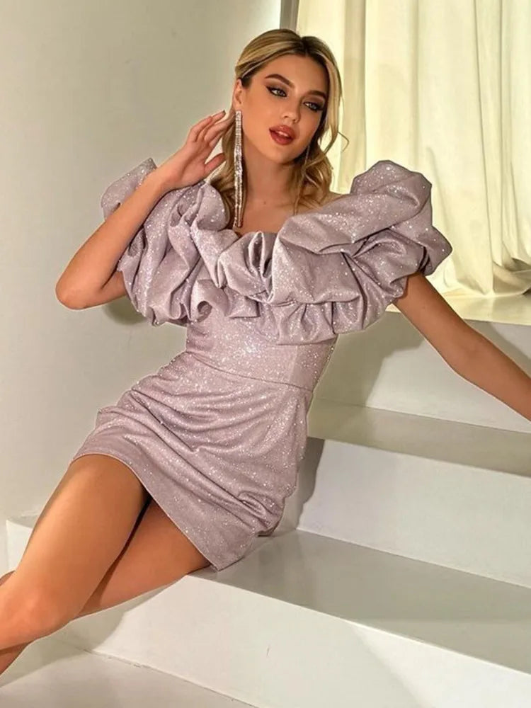 Sexy Off- Shoulder Sleeveless Sparkling Strapless Mini Dress Women Solid Fashion High Waist Birthday Party Dress New