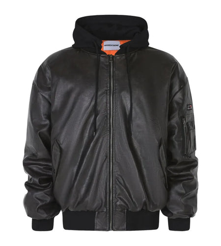 PU Leather Men's Padded Jackets Hooded Drawstring Detachable Hat Solid Color American Style Thickened Male Coats 9C8834