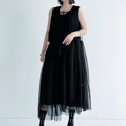 Load image into Gallery viewer, Women Black Khaki Mesh Perspctive Big Size Long Dress New Round Neck Sleeveless Fashion Tide Spring Autumn 2025  1DJ1064
