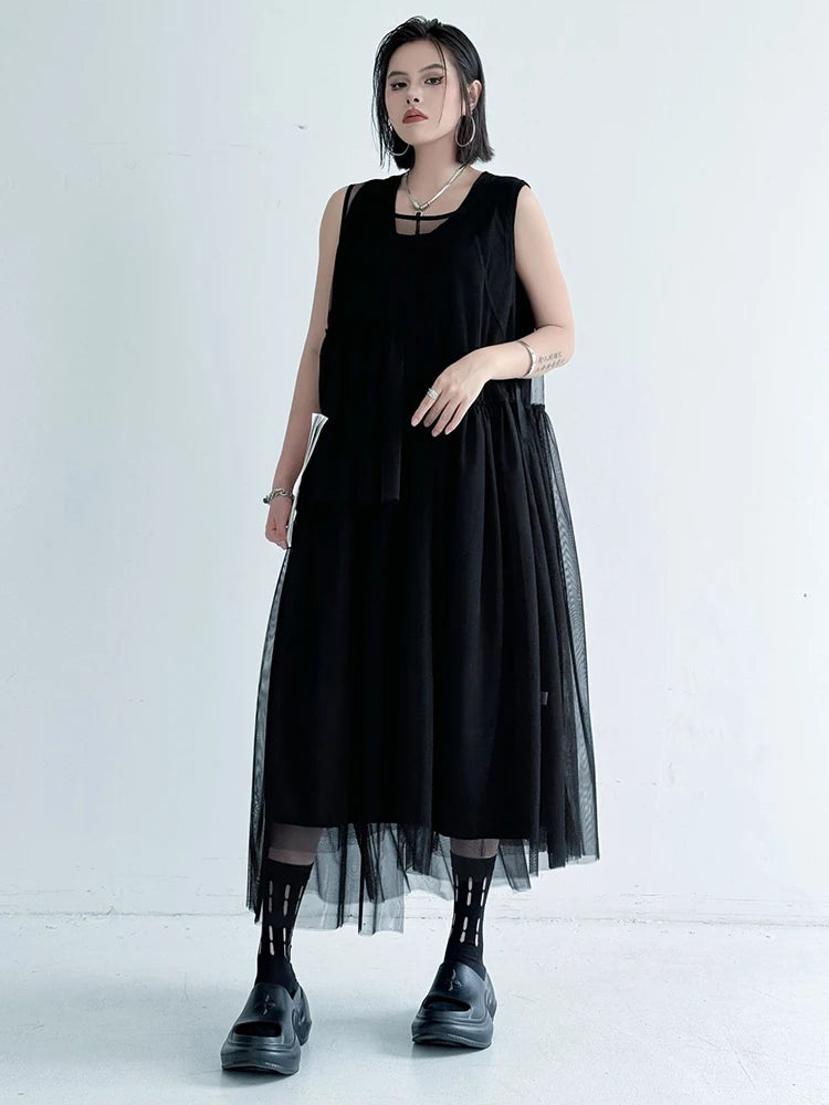 Women Black Khaki Mesh Perspctive Big Size Long Dress New Round Neck Sleeveless Fashion Tide Spring Autumn 2025  1DJ1064