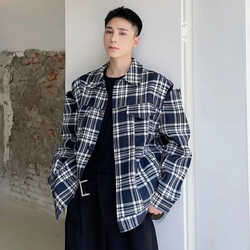 Load image into Gallery viewer, Trendy Off Shoulder Design Male Jacket Multi Pockets Niche Plaid Turn-down Collar Top 2025 Spring Fashion Tide 9W1278
