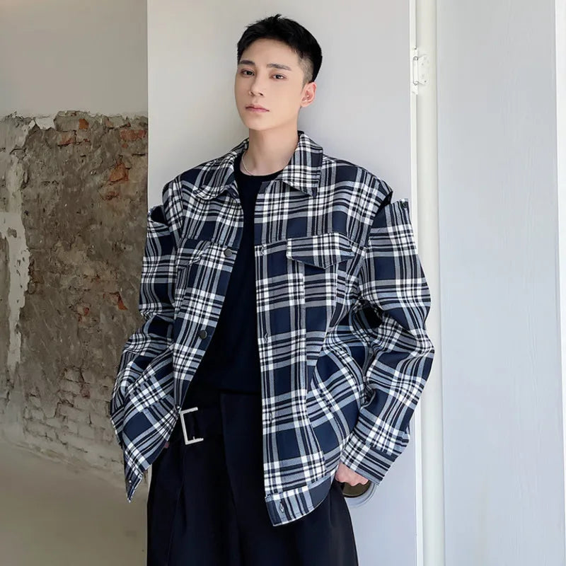 Trendy Off Shoulder Design Male Jacket Multi Pockets Niche Plaid Turn-down Collar Top 2025 Spring Fashion Tide 9W1278