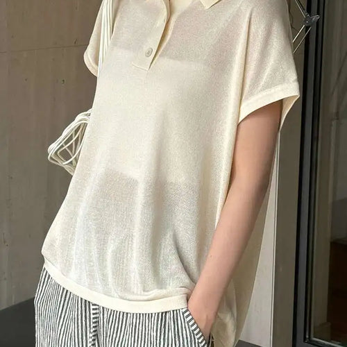 Load image into Gallery viewer, Women Apricot Thin Knitting Perspective Big Size T-shirt New Lapel Short Sleeve Fashion Tide Spring Summer 2025 1DH6129
