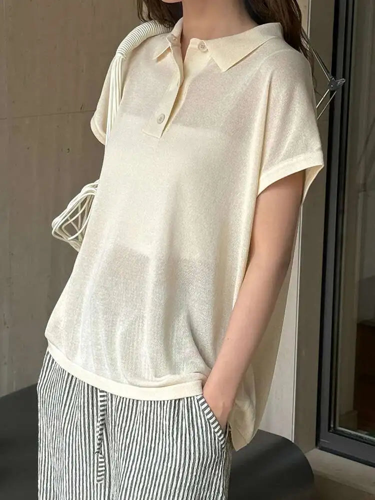 Women Apricot Thin Knitting Perspective Big Size T-shirt New Lapel Short Sleeve Fashion Tide Spring Summer 2025 1DH6129