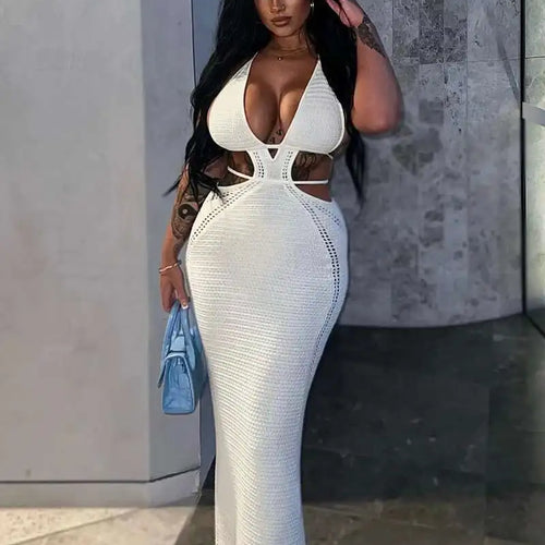 Load image into Gallery viewer, Hollow Out Halter Sexy Mini Dress Women Summer New Sleeveless Backless Skinny Club Party Knit Tank Dress Vestido
