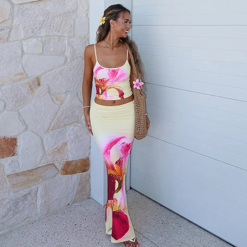 Print Two Piece Sets Women Halter Cropped Top And Maxi Skirt Ladies Fashion Summer New High Waist Skinny Skirt Set