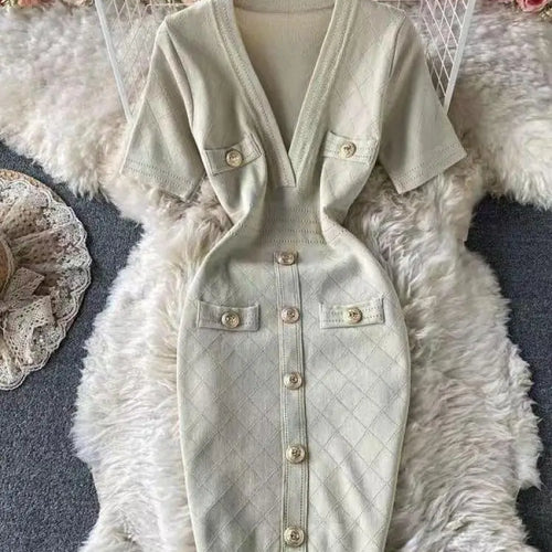 Load image into Gallery viewer, Women 2024 Solid Deep V-neck Short-sleeved Elegant A-line Dress Spring Summer Single Breasted Office Knit Wrap Hip Short Dresses
