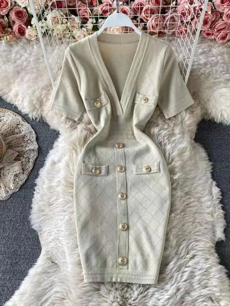 Women 2024 Solid Deep V-neck Short-sleeved Elegant A-line Dress Spring Summer Single Breasted Office Knit Wrap Hip Short Dresses