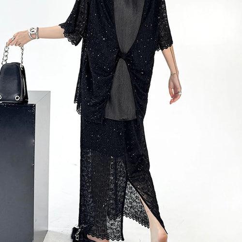 Load image into Gallery viewer, Black Lace T-shirt Back Slit Skirt Two Pieces Suit New Round Neck Short Sleeve Women Fashion Spring Summer 2025 1DJ1159
