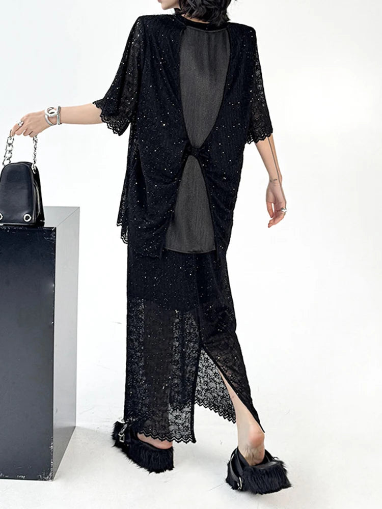 Black Lace T-shirt Back Slit Skirt Two Pieces Suit New Round Neck Short Sleeve Women Fashion Spring Summer 2025 1DJ1159