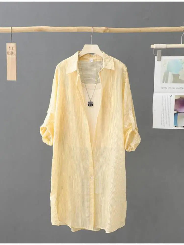 Casual Women's Shirt Loose Long Sleeve Top Summer Thin Jacket Coat Medium Long Blouses Female Clothing Fashion Solid Color