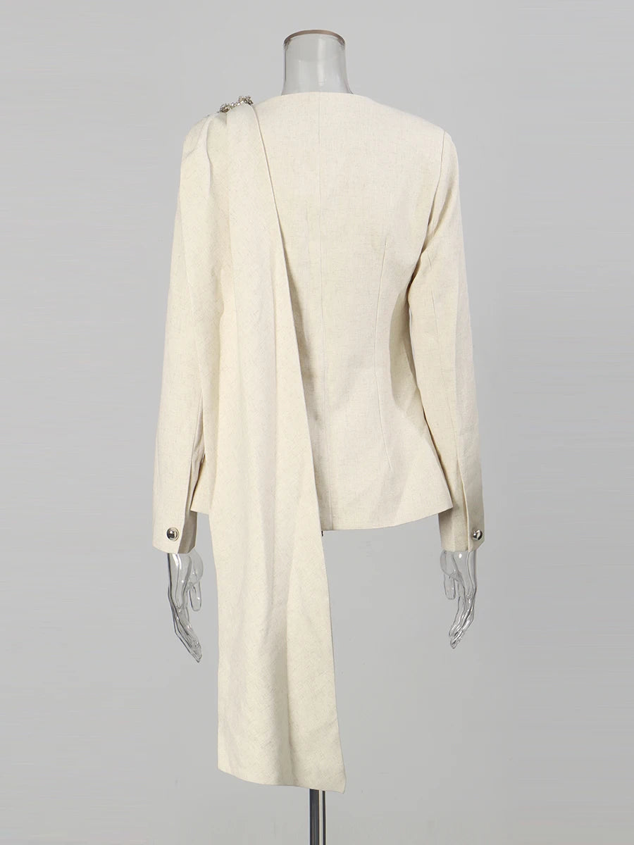 Minimalist Spliced Button Temperament Jackets for Women Round Neck Long Sleeves Patchwork Ribbon Jacket Female New