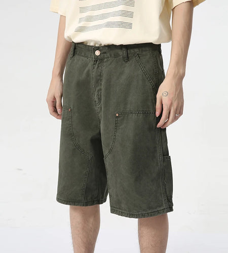 Men's Wear Knee Length Denim Shorts Summer Multi Pocket Loose Jeans Solid Color Japanese Style Male Overalls 9C6027