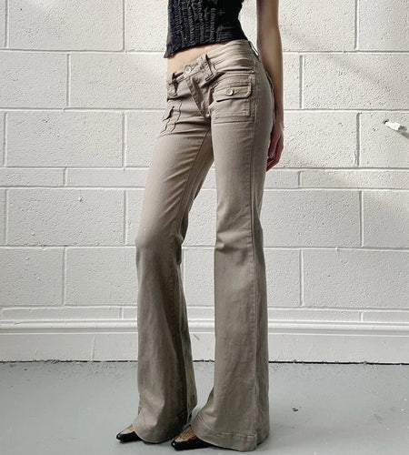 Streetwear Y2K New Flared Slim Jeans Women Multi Pockets Low Waist Harajuku Denim Trousers Full Length Bottoms Denim