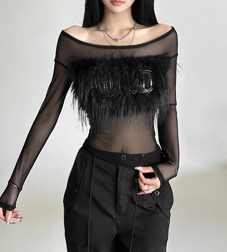 Y2k Aesthetic Vintage Fur Patchwork Tees Autumn Slim Streetwear Letter See Through Tshirts Women Harajuku Grunge Crop Mesh Tops