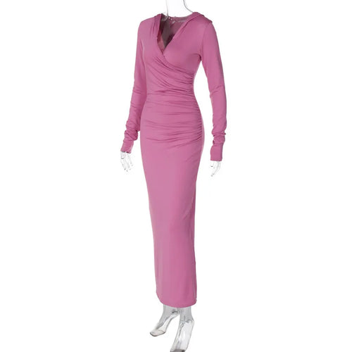 Load image into Gallery viewer, Elegant V Neck Hooded Maxi Dress For Women Autumn Winter New Long Sleeve Bodycon Ruched Fashion Long Dress New
