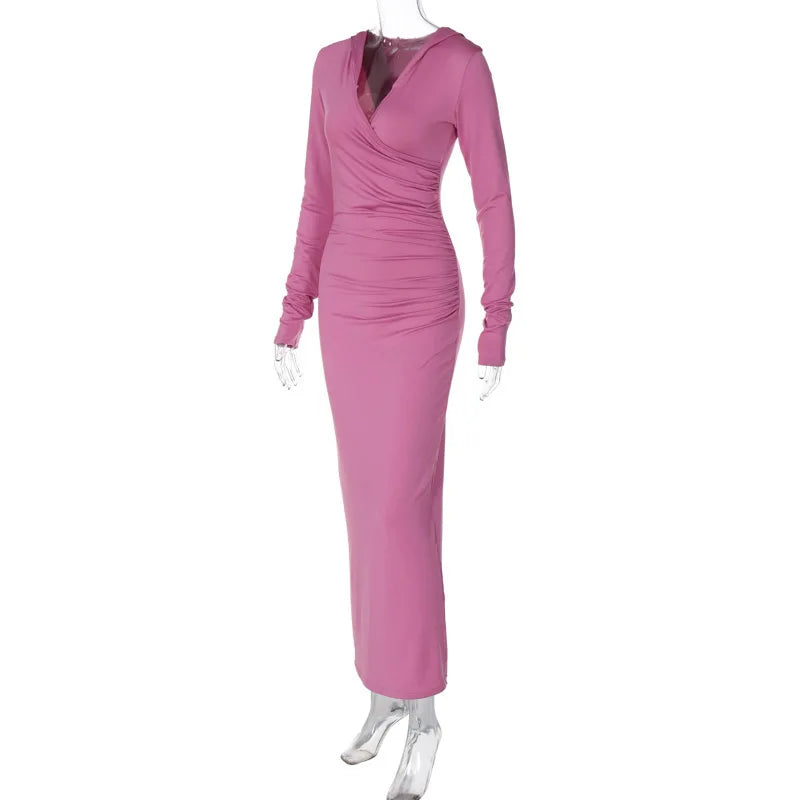 Elegant V Neck Hooded Maxi Dress For Women Autumn Winter New Long Sleeve Bodycon Ruched Fashion Long Dress New