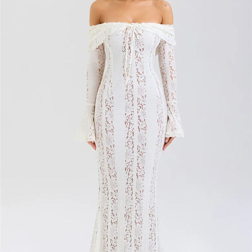 Load image into Gallery viewer, Floral Lace Off-shoulder Maxi Dress For Women White Strapless Backless Long Sleeve Bodycon Club Party Sexy Long Dress
