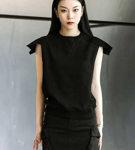 Women Gray Black Shoulder Shaped Casual T-shirt New Round Neck Sleeveless Fashion Tide Spring Summer 2025 1DD9652