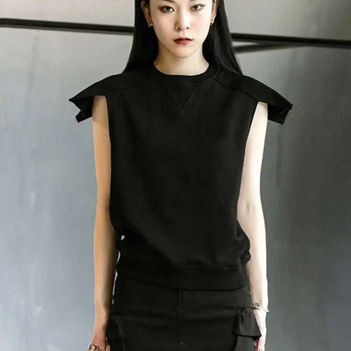 Load image into Gallery viewer, Women Gray Black Shoulder Shaped Casual T-shirt New Round Neck Sleeveless Fashion Tide Spring Summer 2025 1DD9652
