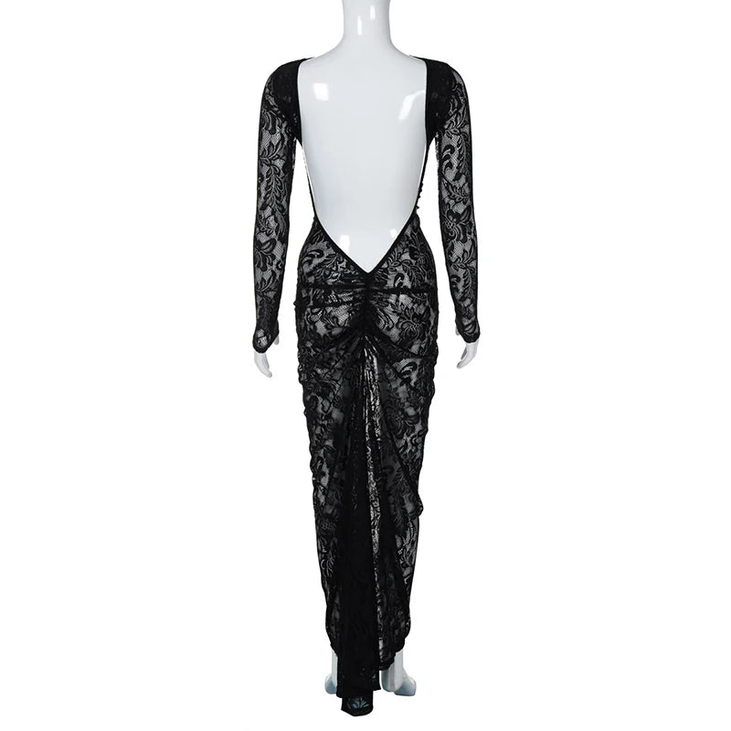Lace Backless Sexy Maxi Dress For Women Gown Fashion Solid O Neck Long Sleeve Ruched Bodycon Club Long Dress Vestido