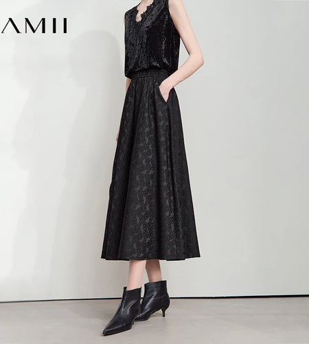 Minimalism 2025 Autumn Black A-line Women Skirt Luxury Style Lace Elegant Elastic Waistband Offcial Lady Skirts 12523037