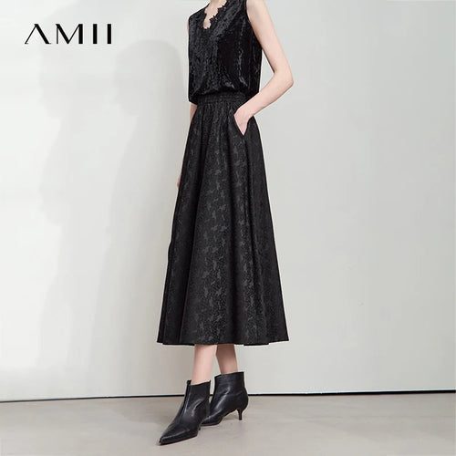 Minimalism 2025 Autumn Black A-line Women Skirt Luxury Style Lace Elegant Elastic Waistband Offcial Lady Skirts 12523037