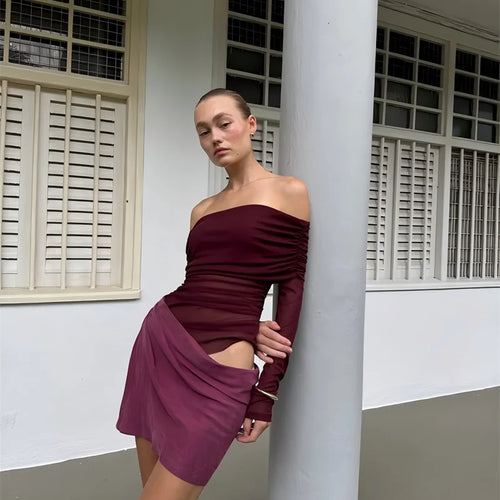 Load image into Gallery viewer, Hollow Out Off-shoulder Sexy Mini Dress Women Fashion Patchwork Strapless Long Sleeve Backless Ruched Club Dress
