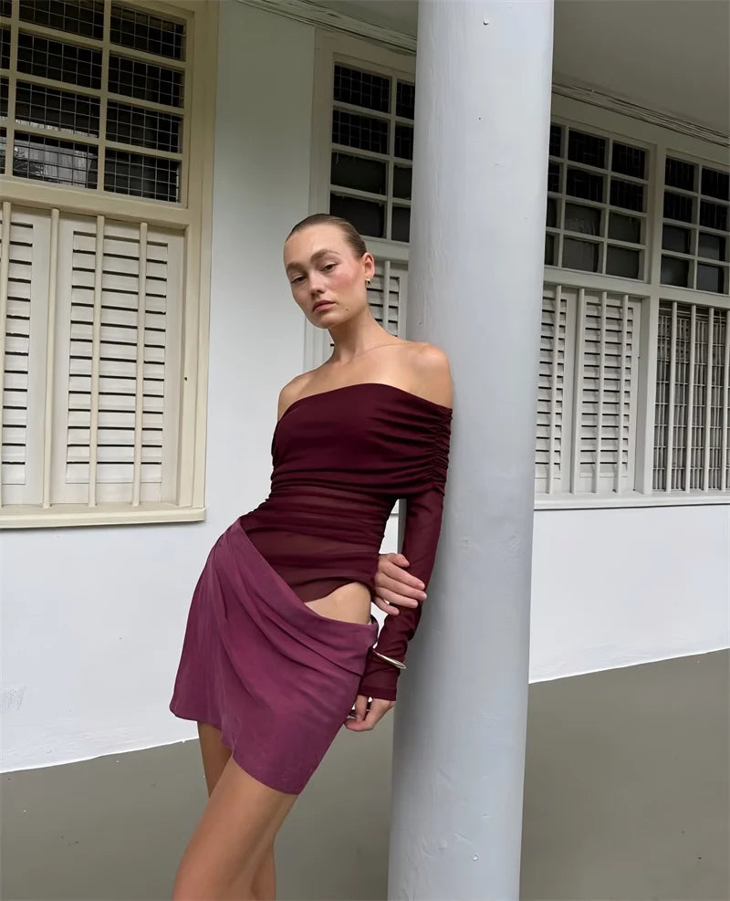 Hollow Out Off-shoulder Sexy Mini Dress Women Fashion Patchwork Strapless Long Sleeve Backless Ruched Club Dress