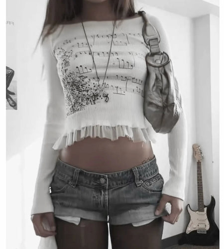 y2k Grunge Top Women Clothing Music Note Print Patchwork Boat Neck Long Sleeve Knitted T Shirt 2000s Clothes Streetwear