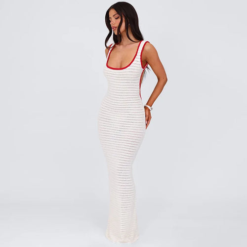 Load image into Gallery viewer, Hollow Out Backless Knit Maxi Dress For Women White Spaghetti Strap Sleeveless Bodycon Club Party Sexy Knitted Dress
